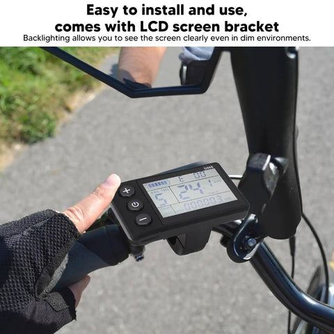 Cyclist using Electric LCD Display For Mountain E Bike Conversion With 6P Connector, installed on handlebar