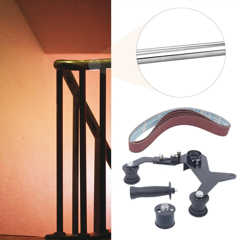 Premium Belt Sander Attachment For Angle Grinders featuring a tool and grit belt for polishing pipes.