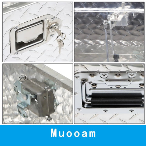 Close-up of Badass Heavy Duty Twenty Inch Aluminum Diamond Plate Tool Box with stainless steel locks and keys.