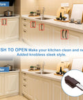 Before and after images of cabinets with and without Six Pack Magnetic Push Latches For Cabinet Doors Push To Open Hidden Door Release.