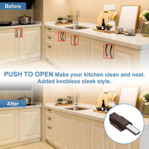 Before and after images of cabinets with and without Six Pack Magnetic Push Latches For Cabinet Doors Push To Open Hidden Door Release.