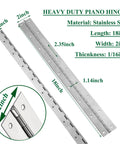 Heavy Duty 2 Pack Piano Hinges With 2 Inch Open Width And 18 Inch Length 0.06 Inch Thick Stainless Steel With Holes