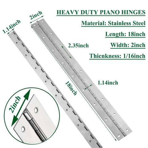 Heavy Duty 2 Pack Piano Hinges With 2 Inch Open Width And 18 Inch Length 0.06 Inch Thick Stainless Steel With Holes