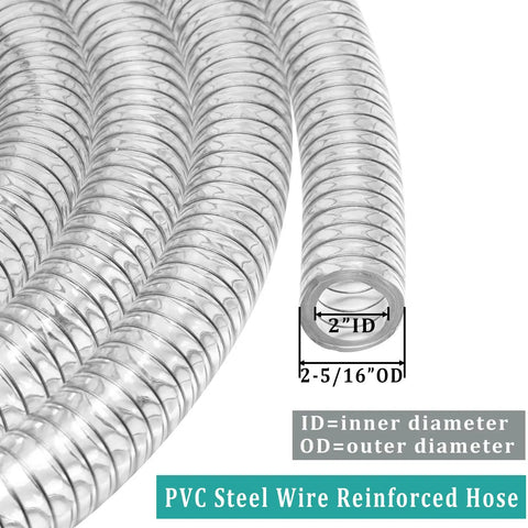 Coiled clear wire reinforced suction hose 2 In ID X 2-5/16 In OD 10 Ft with dimensions and description text visible