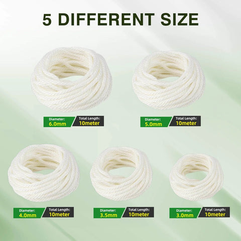 Variety of pull start cords in 5 sizes, featuring 5.0 mm pull start cord replacement for lawn mower and outdoor power equipment, 10 meters long.