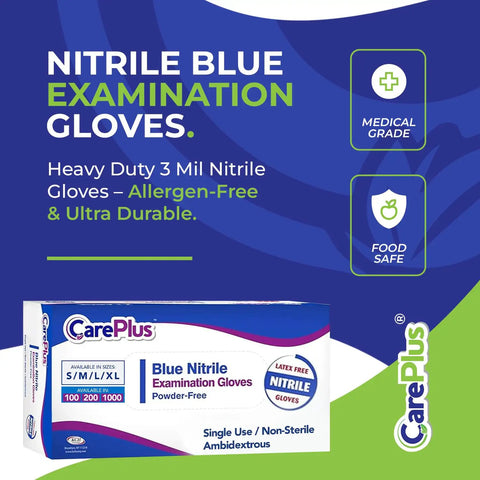 Box of CarePlus Blue Nitrile Examination Gloves, medical grade, food safe, powder-free, latex-free, shown with text overlays.