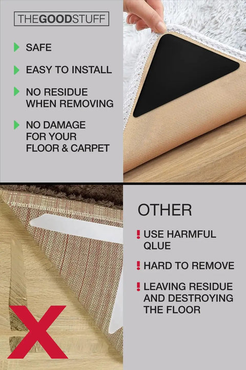 Stay Put Rug Corner Grippers No Slip Anti Slip Rug Holders comparison with harmful glue alternative on hardwood floor