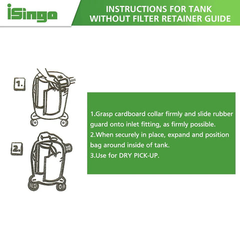 Instructions for 15 Pack Replacement Vacuum Filter Bags For 5 To 8 Gallon Vacuums Type E And Type H Compatibility illustration.