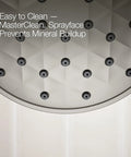 Close-up of Matte Black Tub And Shower Faucet With Rite Temp Technology sprayface with anti-mineral buildup feature