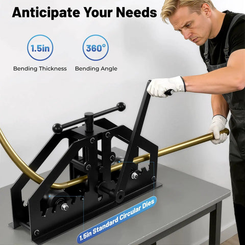 Heavy Duty Manual Tube Roller Bender For Tabletop Pipe Rolling Machine with 1.5in bending thickness in use at a workbench.