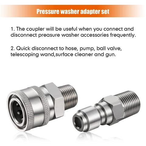 Front view of two metal 1/4 in NPT pressure washer quick-connect fittings, male and female