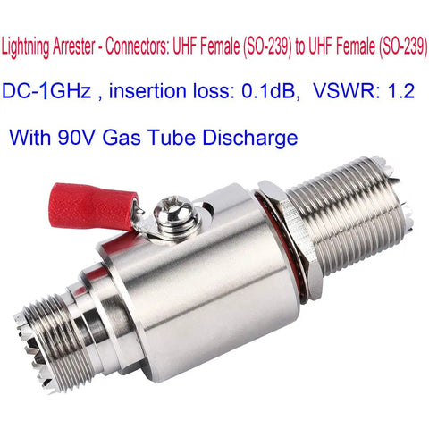 UHF Lightning Arrestor and Surge Protector PL259 to SO239, UHF Female to Female with 90V gas tube, red tab, metal casing