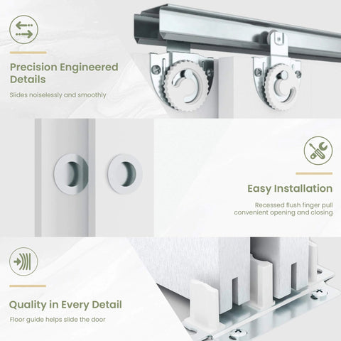Close-up of sliding mechanism for 112x80 inches bypass frosted glass sliding closet door, showing installation details and hardware.