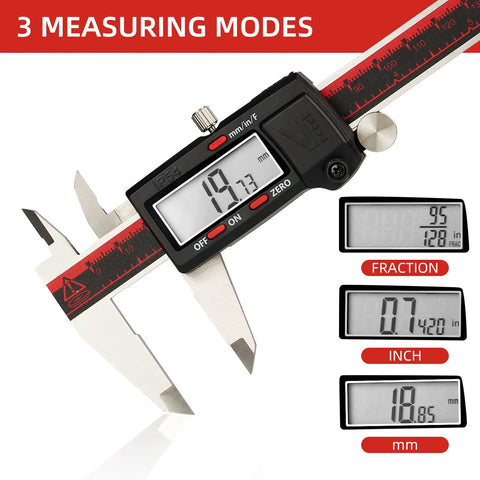 IP54 Grade Digital Caliper 6 Inch 150mm with Inch, Metric, and Fraction Conversion, Stainless Steel, Big LCD Display showing measurements