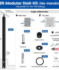 Heavy Duty Side Mount Modular Cable Railing Kit For Stairs Measures 12 To 16 Feet With 36 Inch Rise No Sweat DIY Installation parts layout, accessories included.