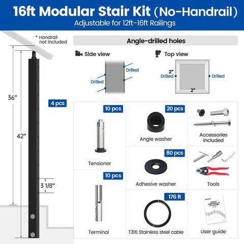 Heavy Duty Side Mount Modular Cable Railing Kit For Stairs Measures 12 To 16 Feet With 36 Inch Rise No Sweat DIY Installation parts layout, accessories included.