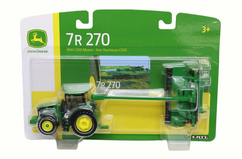One Sixty Fourth Scale 7R 270 Tractor With C500 Mower Set Toy in packaging, licensed John Deere model, visible rear hitch, diecast detail