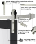 Glass Barn Door 42x96 Inch With 5-Panel Frosted Glass, Solid Wood Frame Wrapped In Waterproof PVC Surface, Black Finish, sliding door hardware