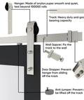 36 Inch By 96 Inch Glass Barn Door With 5 Panel Frosted Glass, Black Finish, showing nickel sliding hardware components in detail.