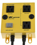 Certified Safe Wall Switch Box Utilizing Legit UL And CSA Ratings For Smooth Auto Off And On Modes Providing Dead Reliable Home Circuit Control And Super Chill Zero Hassle Setup. Front view with multiple outlets and control knobs.