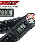 Knockout Digital Protractor And Angle Finder Ruler Dropping Dead On Inside Outside Measurements On A Backlit Display with large LCD showing 30.0 degrees.