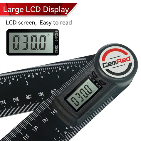 Knockout Digital Protractor And Angle Finder Ruler Dropping Dead On Inside Outside Measurements On A Backlit Display with large LCD showing 30.0 degrees.