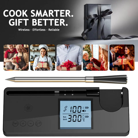 Wireless Meat Thermometer With 800 Ft Range And Dual Probes Bluetooth 5.3 displayed with LCD, gift box, and happy users