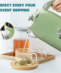 57oz Electric Kettle For Quick Tea Brew, 1500W Fast Heating, Stainless Steel, pouring tea into glass cup, Retro Green
