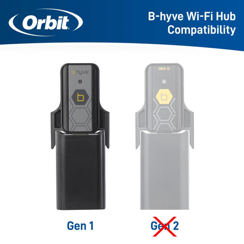 Compatibility chart showing Orbit B-hyve Wi-Fi Hub Gen 1 for Smart Hose Watering Timer With Auto Scheduling For Gardens Delivers Precise Timed Watering So You Can Relax While Your Plants Thrive No Fuss Hose Timer For Effortless Irrigation And Reliable Auto Watering and indicating non-compatibility with Gen 2