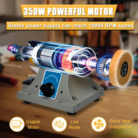 Jewelry Polisher And Bench Grinder Kit With Adjustable Speed, Compact Metal Buffer with visible powerful motor and buffing wheel