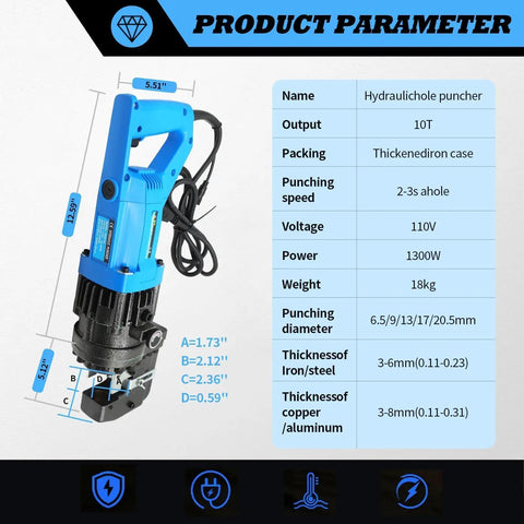 Specifications of Electric Hydraulic Hole Punch Tool 1200W 110V Heavy Duty Beast Metal Punch For Steel Copper Aluminum Iron Alloy Ten Ton Punching Capacity With Quick 1 To 3 Second Holes Upgrade Version