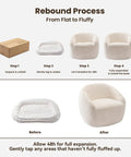Rebound process of White Boucle Swivel Chair With 360 Degree Base, showing unpacking, reshaping before and after expansion.