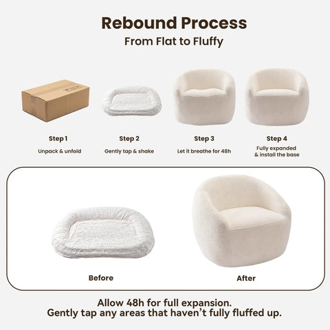 Rebound process of White Boucle Swivel Chair With 360 Degree Base, showing unpacking, reshaping before and after expansion.