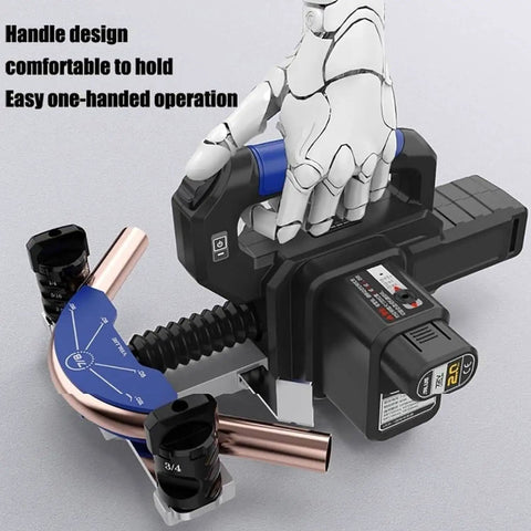 Cordless Electric Pipe Bender Tool For Air Con AC Systems Quick 9 Sec Bend For Copper Iron Aluminum Tubes One Half To Seven Eighths Inches showing ergonomic handle design.