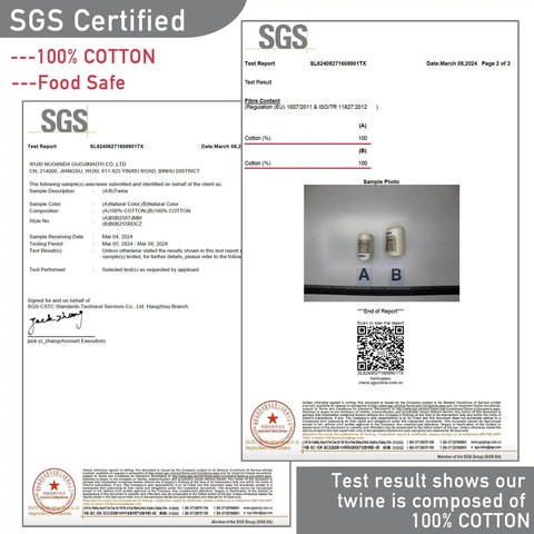 SGS certificate proves 100 Percent Cotton Kitchen Twine For Roasting And Trussing Poultry Two Millimeter Thick 476 Feet Long.