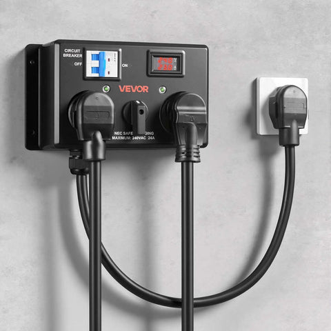 Handy Manual Ev Charger Switch That Plugs Right Into Nema 14 30 Or 14 50 Dryer Outlets, 240V, 24A output with circuit breaker.