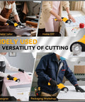 HomeBeyond Cordless Electric Scissors With Bright Led Light And Safety Lock cutting through leather, fabric, and cardboard in various settings.