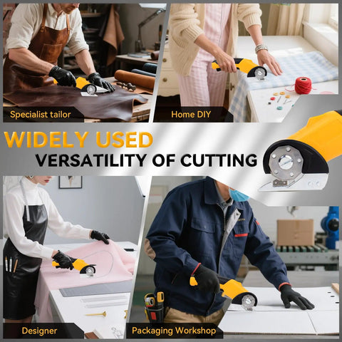 HomeBeyond Cordless Electric Scissors With Bright Led Light And Safety Lock cutting through leather, fabric, and cardboard in various settings.