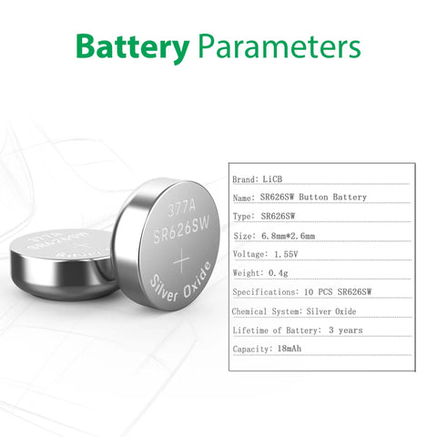 10 Pack SR626SW 377 Watch Battery 1.55V Silver Oxide Button Cell with detailed parameters and specifications displayed.