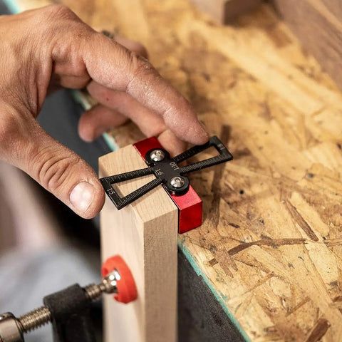 Close-up of Woodworking Dovetail Tool With Precision Marker and 1:5, 1:6, 1:8 and 1:10 Slopes on wood, extra large body, ergonomic design