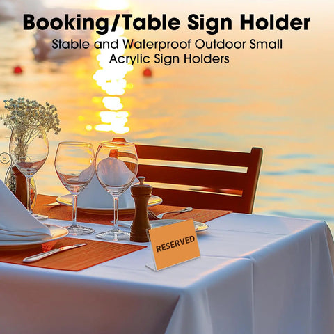 Table set with reserved sign in 30 Piece Small Acrylic Sign Holders Three And A Half By Two Inches Clear Tabletop Display Stands