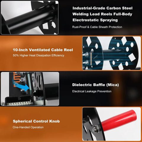 Beefy Heavy Duty Dual Welding Cable Reel with 10 Degree Tilting Base showing steel construction and spherical control knob.