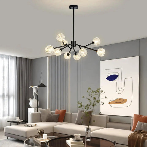Sputnik Style Black Crystal Chandelier For Dining Room Over Table 9 Light Modern Pendant Lighting Fixture in living room setting