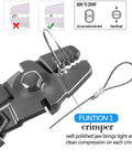 Close-up of crimping tool from Wire Rope Crimping Tool Kit With One Sixteenth Inch Stainless Steel Cable, showing function guide.
