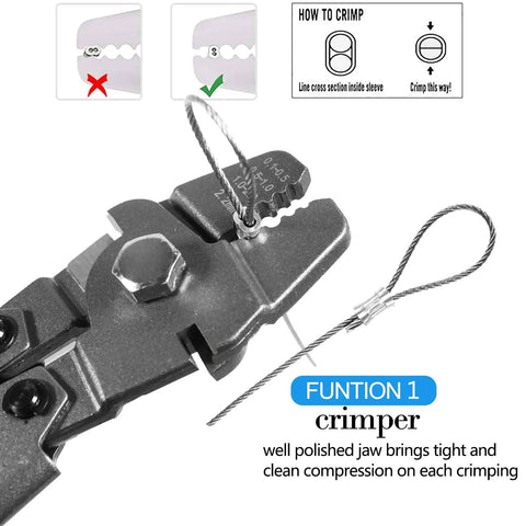 Close-up of crimping tool from Wire Rope Crimping Tool Kit With One Sixteenth Inch Stainless Steel Cable, showing function guide.