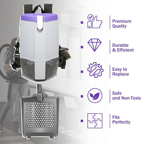 HEPA Filter Cover Exhaust Door Replacement For ProTeam Backpack Vacuums 107303 107310 107363 ProVac Super Coach Pro 10 Pro 6 Replaces 833954 841708 Now with quality icons and vacuum in background.