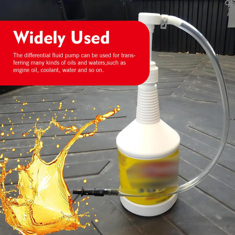 8cc Per Stroke Transmission Fluid Pump Kit With Three Eighths Inch Swivel And 8mm 10mm Adapters For Gear Oil And Brake Fluid Transfers Easy Push Pump For Car Fluid Changes White on textured surface next to oil splash graphic.