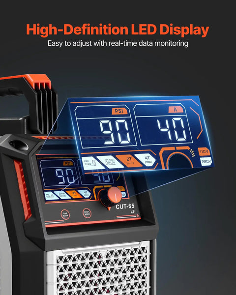 65A Plasma Cutter With Non Touch Pilot Arc 2T 4T Modes Adjustable Pilot Time Dual Voltage 110V 220V Digital Display Inverter IGBT Technology Easy Clean Cuts For Steel Aluminum Copper For DIY Pros showing digital display with PSI and Amp readings, emphasizing high-definition LED screen for real-time data