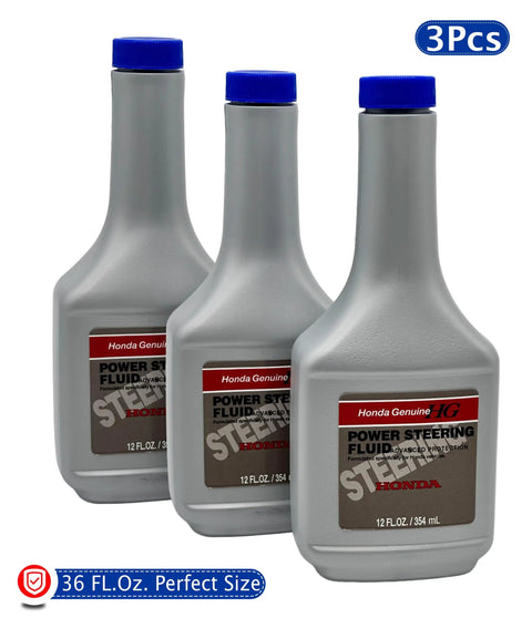 Acura And Honda Power Steering Fluid Bundle 3 Pack Interchange 08206 9002PE 36 FL OZ with blue caps visible