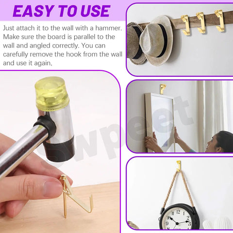 75 Piece Picture Hanger Kit With Nails, 5 Sizes Beefy Heavy Duty Metal Hangers For Drywall, 10Lb 20Lb 30Lb 50Lb 100Lb, Golden Finish, Picture Hanging Hardware For Frames And Wall Decor; gold hooks on wall, hats, frame, and clock